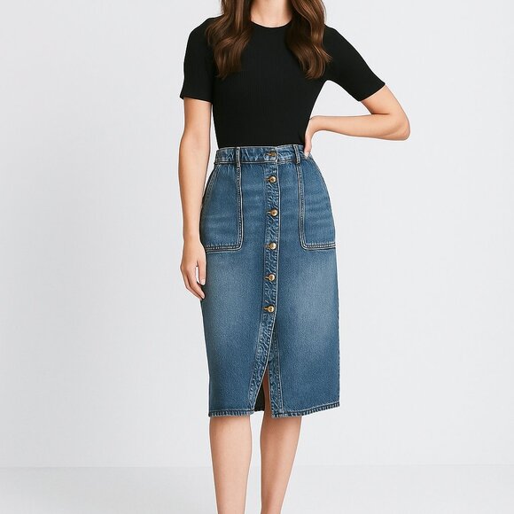 Michael Kors NWT stonewash denim midi gold logo button down skirt sz 6 - Picture 1 of 11